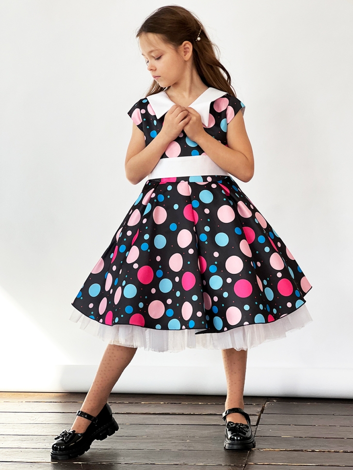 Платье для девочки нарядное БУШОН ST37, стиляги цвет черный/малиновый/желтый белый воротник 