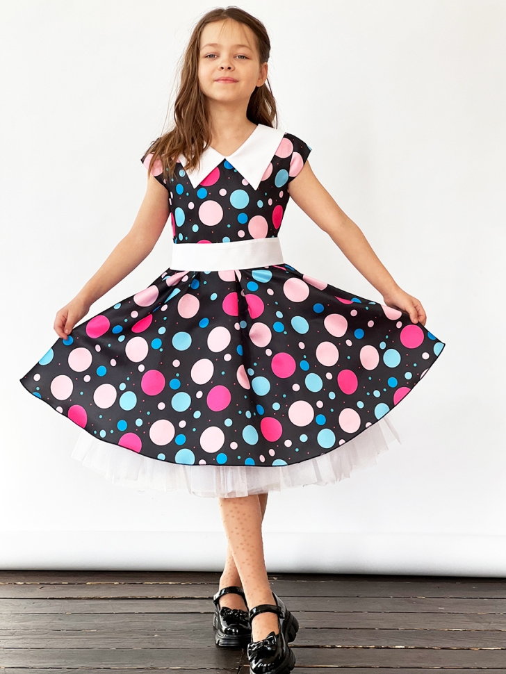 Платье для девочки нарядное БУШОН ST37, стиляги цвет черный/малиновый/желтый белый воротник 