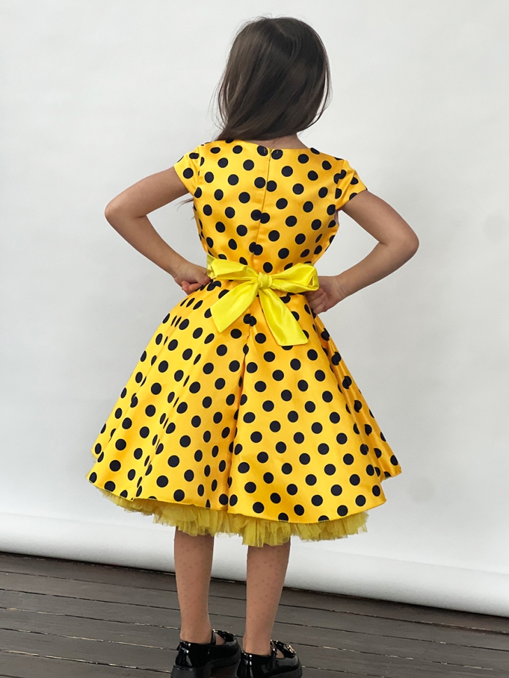 Платье для девочки нарядное БУШОН ST10, стиляги цвет желтый, желтый пояс, принт синий горошек 