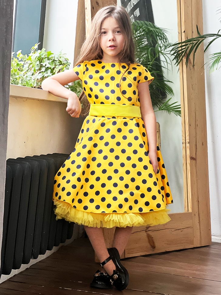 Платье для девочки нарядное БУШОН ST10, стиляги цвет желтый, желтый пояс, принт синий горошек 