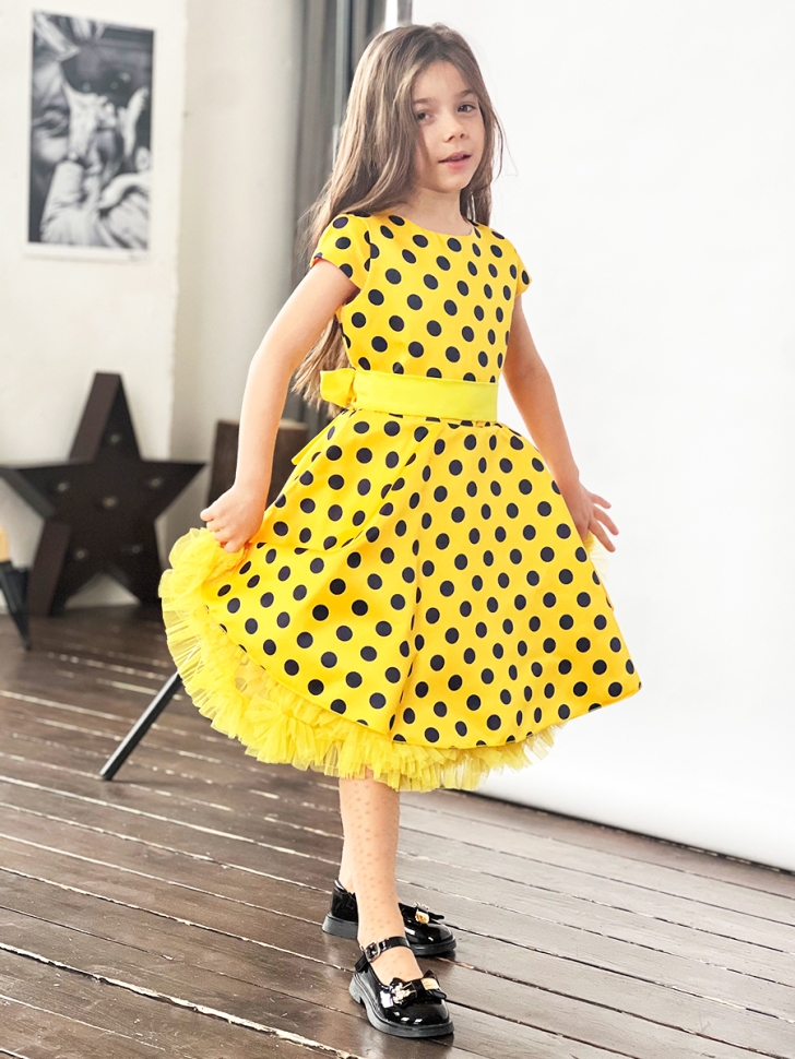 Платье для девочки нарядное БУШОН ST10, стиляги цвет желтый, желтый пояс, принт синий горошек 