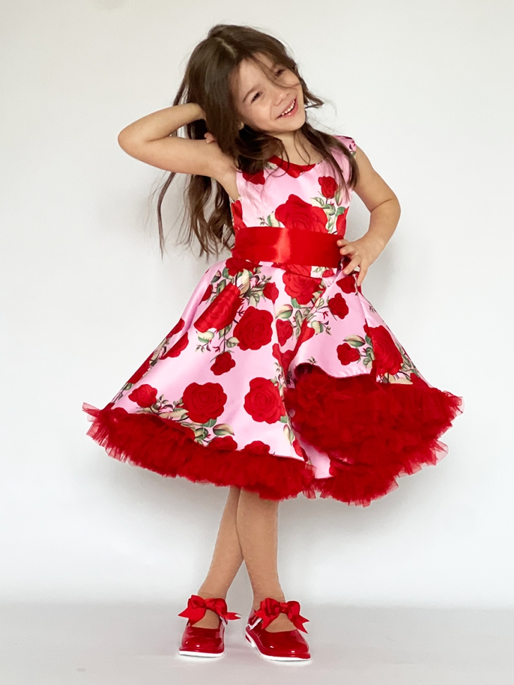 Платье для девочки нарядное БУШОН ST30, стиляги цвет красный/розовый пояс красный, принт цветы 