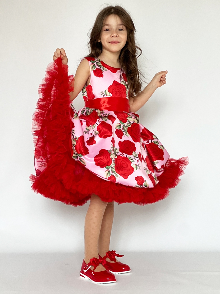 Платье для девочки нарядное БУШОН ST30, стиляги цвет красный/розовый пояс красный, принт цветы 