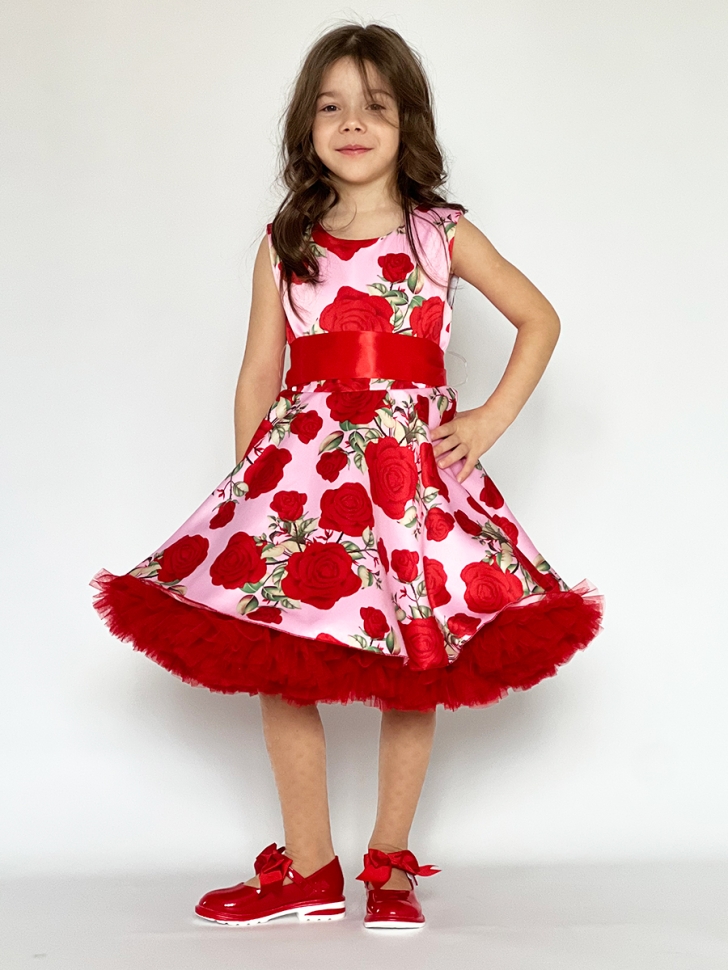 Платье для девочки нарядное БУШОН ST30, стиляги цвет красный/розовый пояс красный, принт цветы 