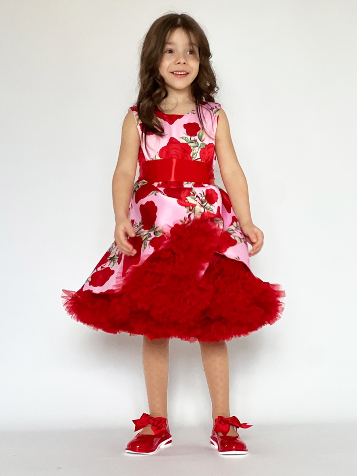 Платье для девочки нарядное БУШОН ST30, стиляги цвет красный/розовый пояс красный, принт цветы 