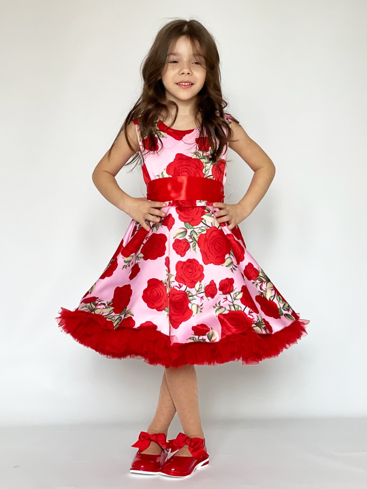 Платье для девочки нарядное БУШОН ST30, стиляги цвет красный/розовый пояс красный, принт цветы 