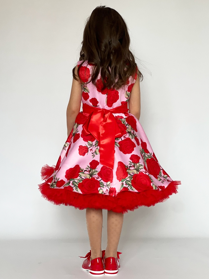 Платье для девочки нарядное БУШОН ST30, стиляги цвет красный/розовый пояс красный, принт цветы 