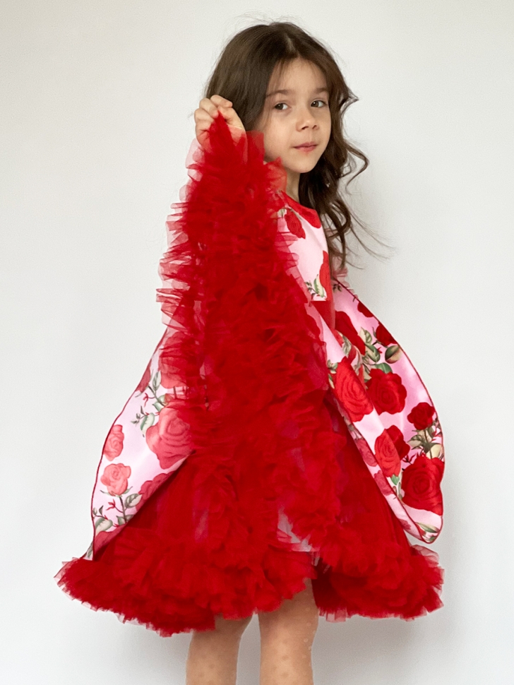 Платье для девочки нарядное БУШОН ST30, стиляги цвет красный/розовый пояс красный, принт цветы 