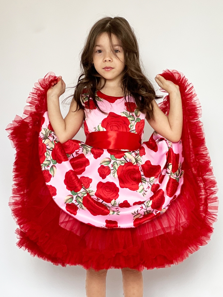 Платье для девочки нарядное БУШОН ST30, стиляги цвет красный/розовый пояс красный, принт цветы 