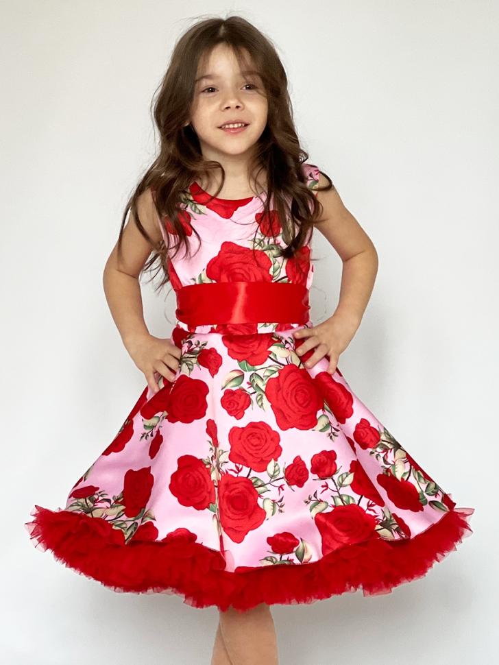 Платье для девочки нарядное БУШОН ST30, стиляги цвет красный/розовый пояс красный, принт цветы 