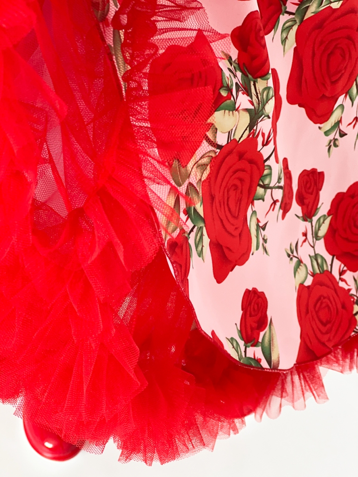 Платье для девочки нарядное БУШОН ST30, стиляги цвет красный/розовый пояс красный, принт цветы 