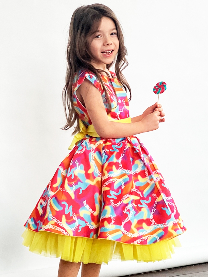 Платье для девочки нарядное БУШОН ST37, стиляги цвет желтый/малиновый/голубой 