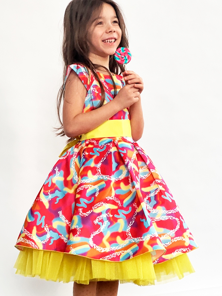 Платье для девочки нарядное БУШОН ST37, стиляги цвет желтый/малиновый/голубой 