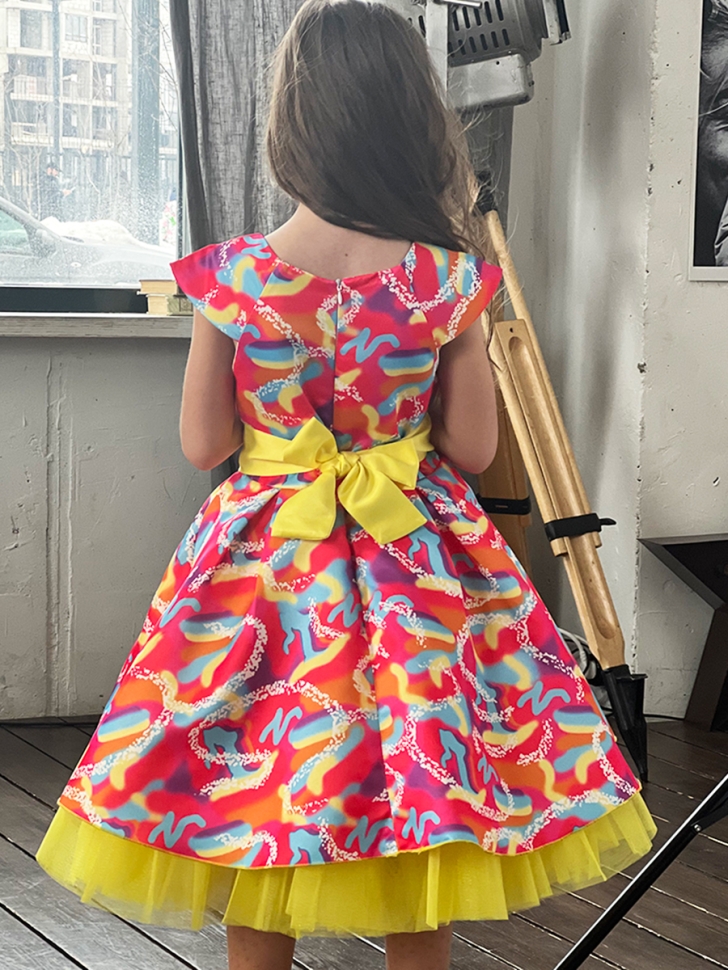 Платье для девочки нарядное БУШОН ST37, стиляги цвет желтый/малиновый/голубой 