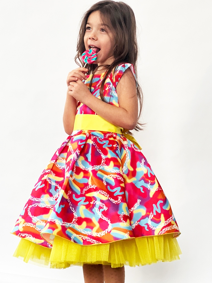 Платье для девочки нарядное БУШОН ST37, стиляги цвет желтый/малиновый/голубой 