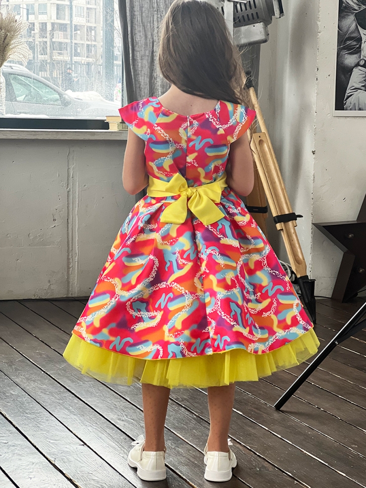 Платье для девочки нарядное БУШОН ST37, стиляги цвет желтый/малиновый/голубой 