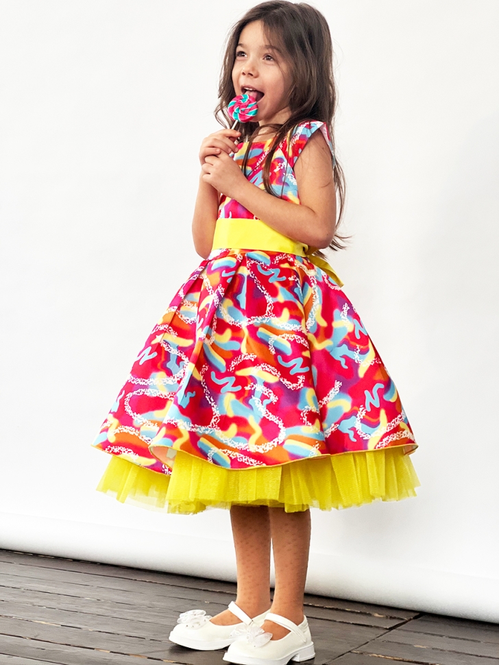 Платье для девочки нарядное БУШОН ST37, стиляги цвет желтый/малиновый/голубой 