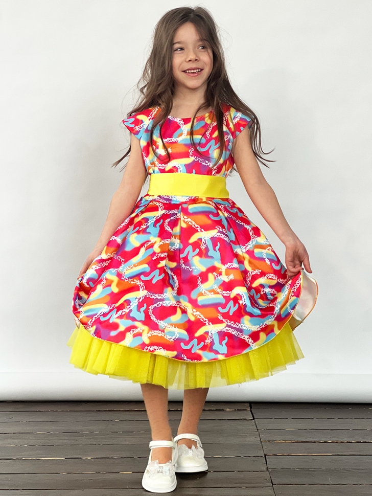 Платье для девочки нарядное БУШОН ST37, стиляги цвет желтый/малиновый/голубой 