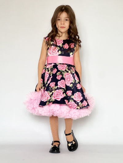Платье для девочки нарядное БУШОН ST30, стиляги цвет темно-синий/розовый пояс розовый, принт цветы