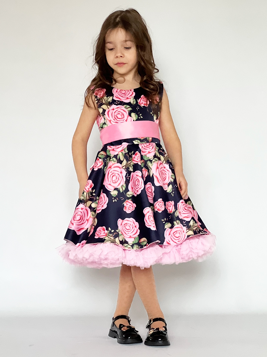 Платье для девочки нарядное БУШОН ST30, стиляги цвет темно-синий/розовый пояс розовый, принт цветы 