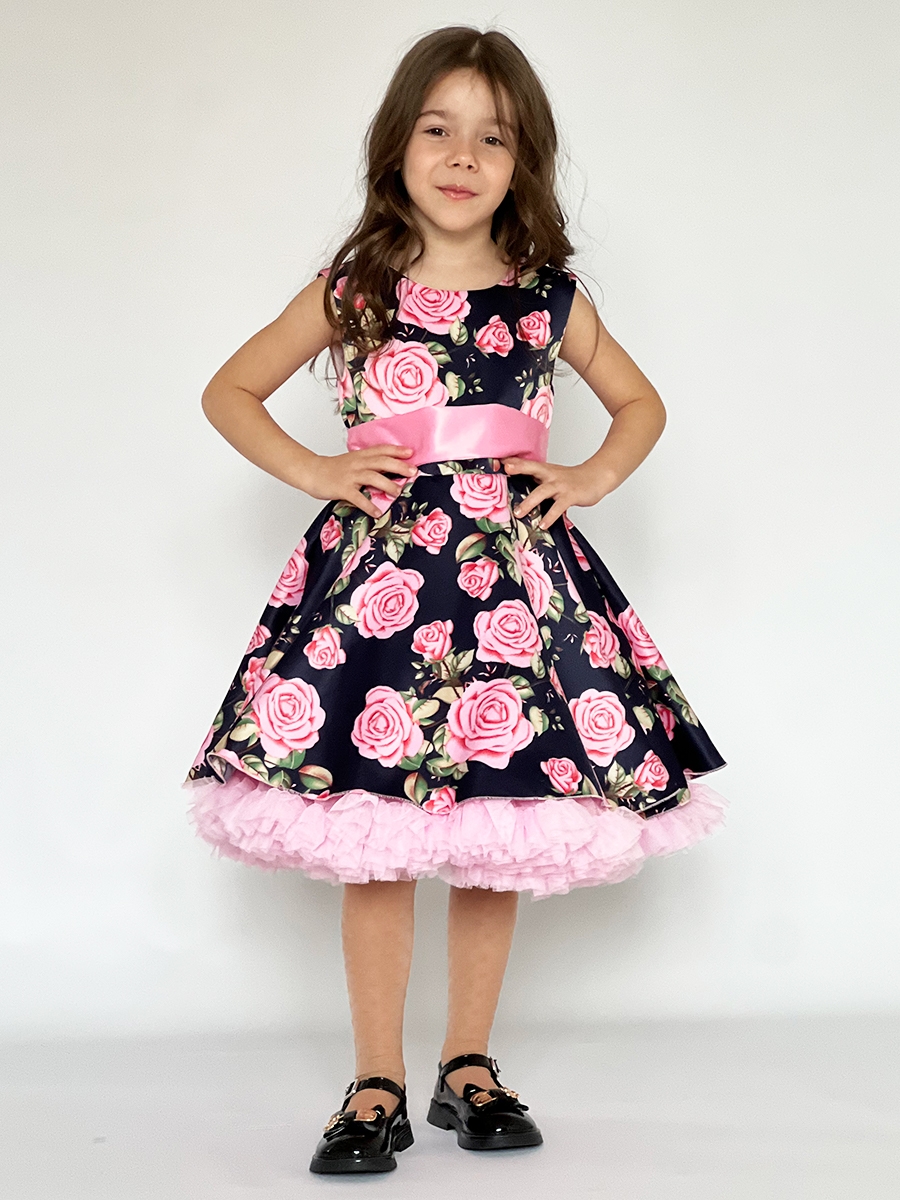 Платье для девочки нарядное БУШОН ST30, стиляги цвет темно-синий/розовый пояс розовый, принт цветы 