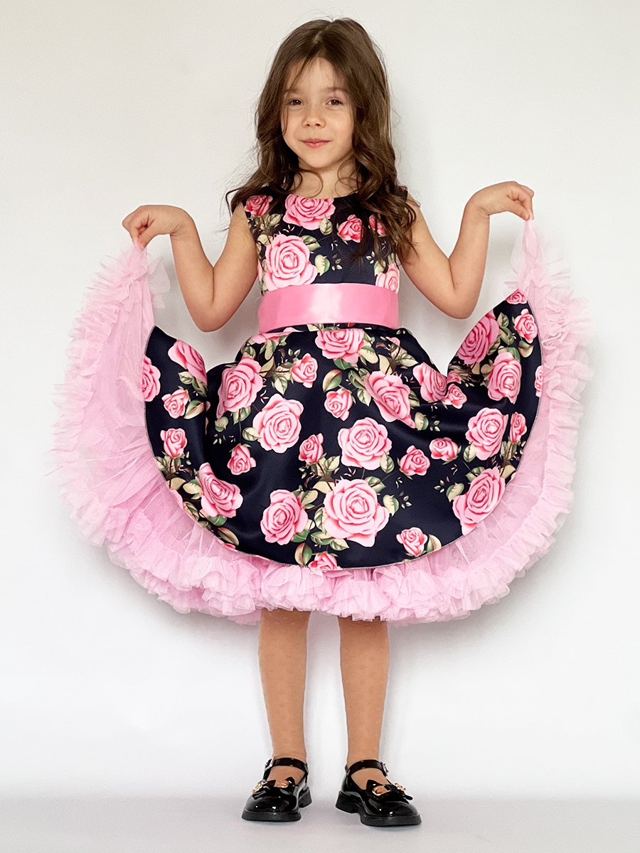 Платье для девочки нарядное БУШОН ST30, стиляги цвет темно-синий/розовый пояс розовый, принт цветы 
