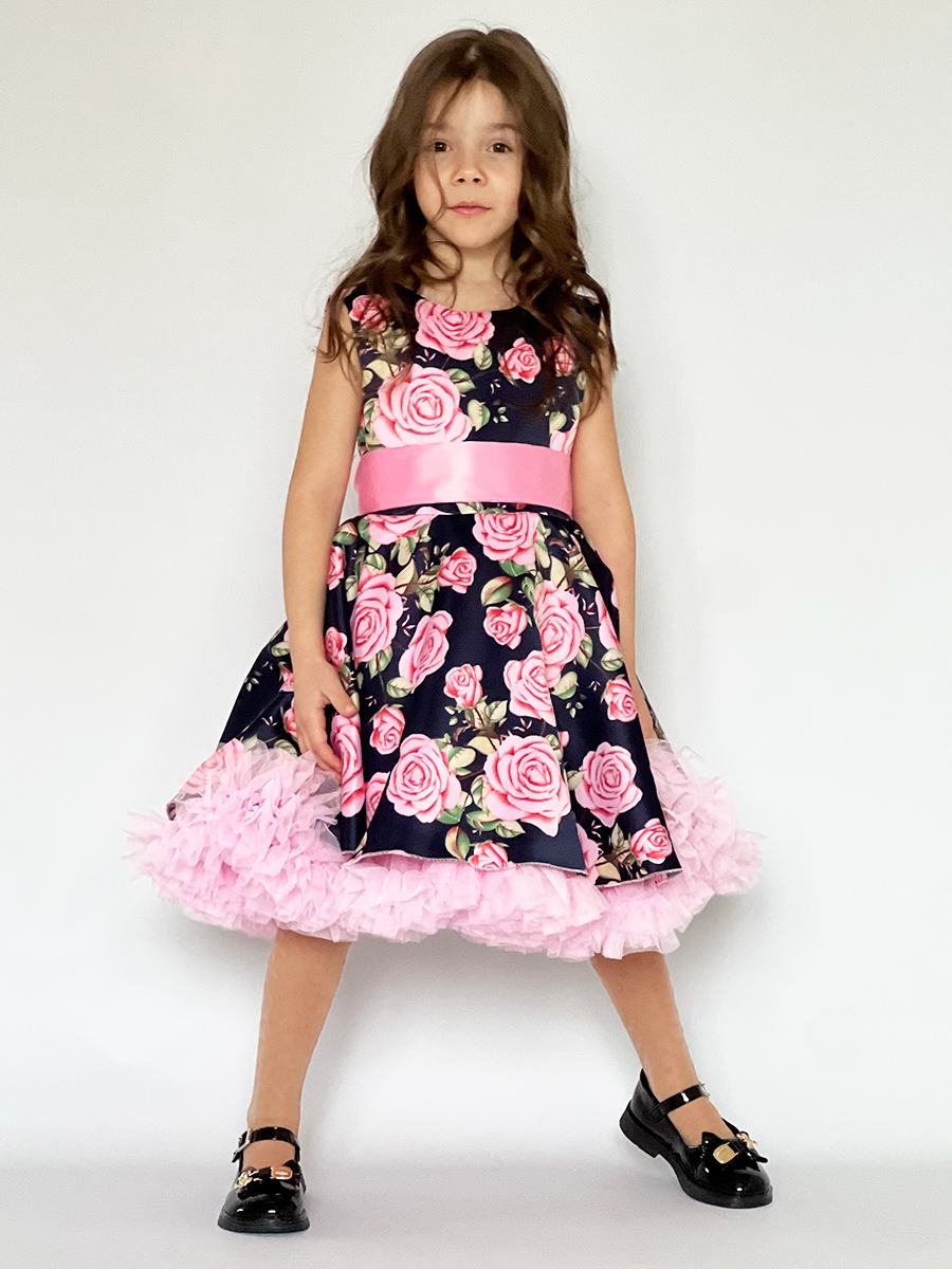 Платье для девочки нарядное БУШОН ST30, стиляги цвет темно-синий/розовый пояс розовый, принт цветы 
