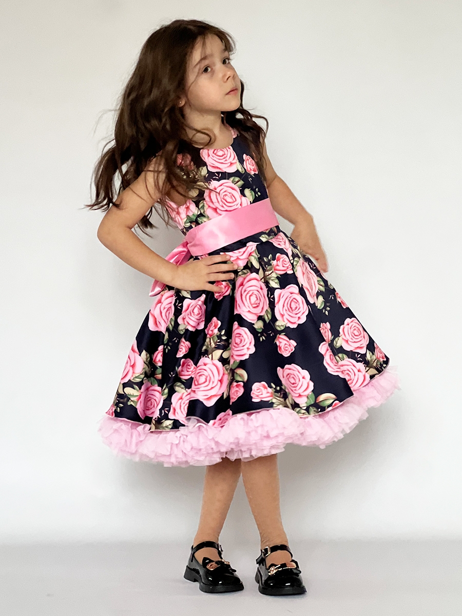 Платье для девочки нарядное БУШОН ST30, стиляги цвет темно-синий/розовый пояс розовый, принт цветы 