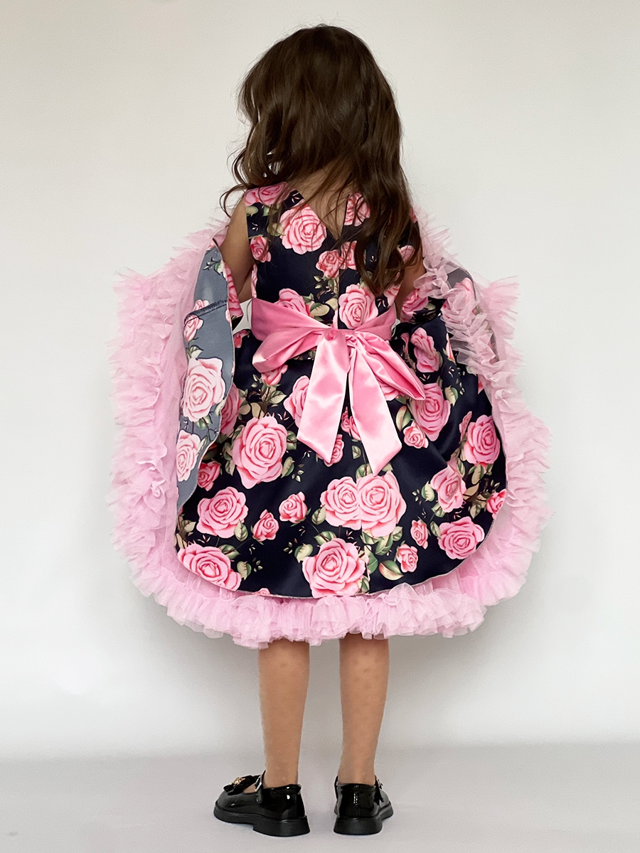 Платье для девочки нарядное БУШОН ST30, стиляги цвет темно-синий/розовый пояс розовый, принт цветы 