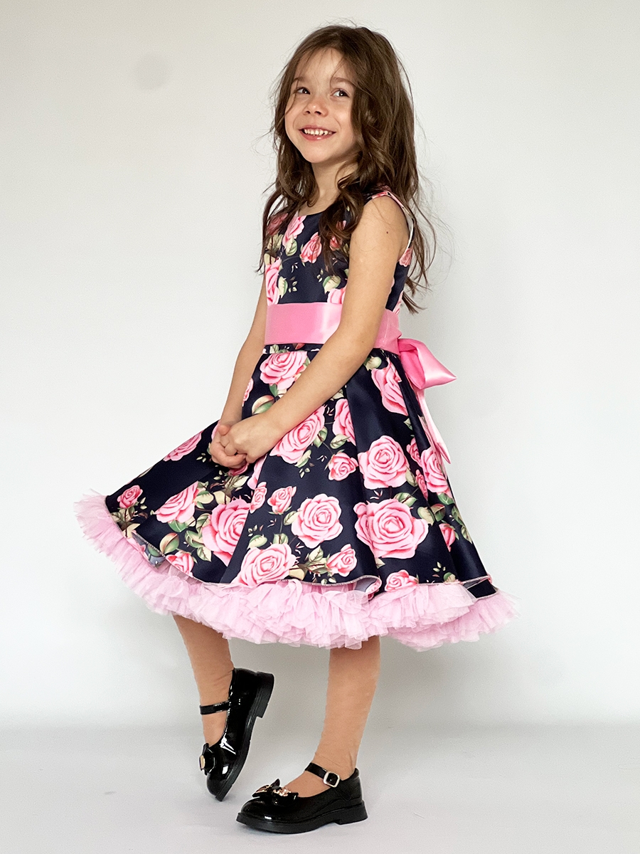 Платье для девочки нарядное БУШОН ST30, стиляги цвет темно-синий/розовый пояс розовый, принт цветы 