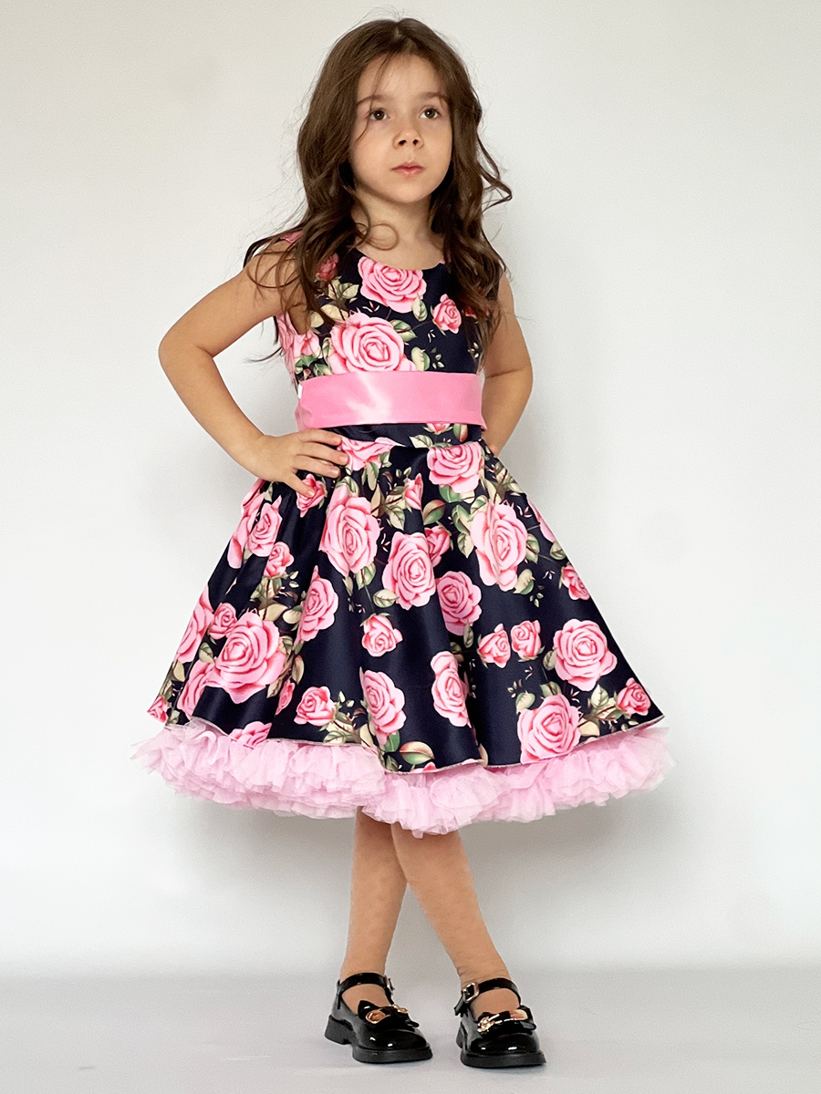 Платье для девочки нарядное БУШОН ST30, стиляги цвет темно-синий/розовый пояс розовый, принт цветы 