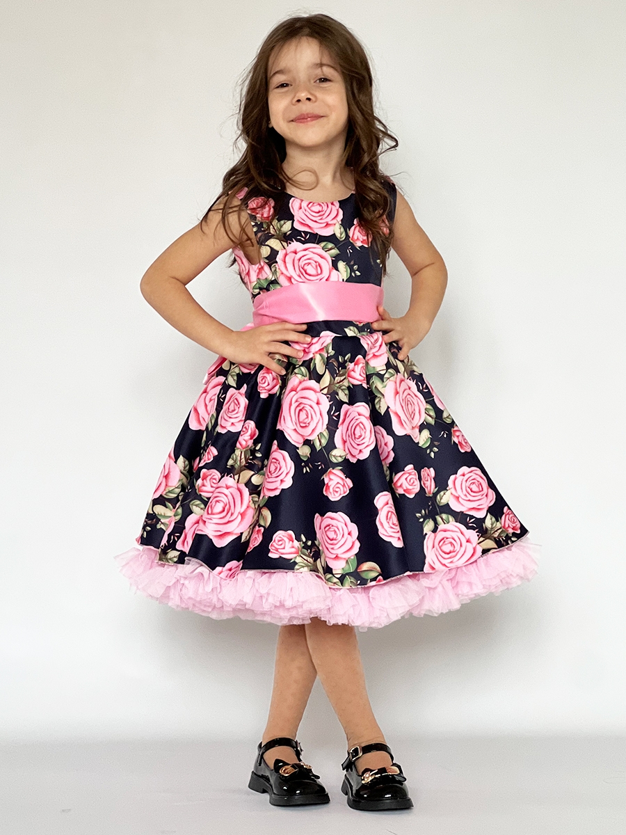 Платье для девочки нарядное БУШОН ST30, стиляги цвет темно-синий/розовый пояс розовый, принт цветы 