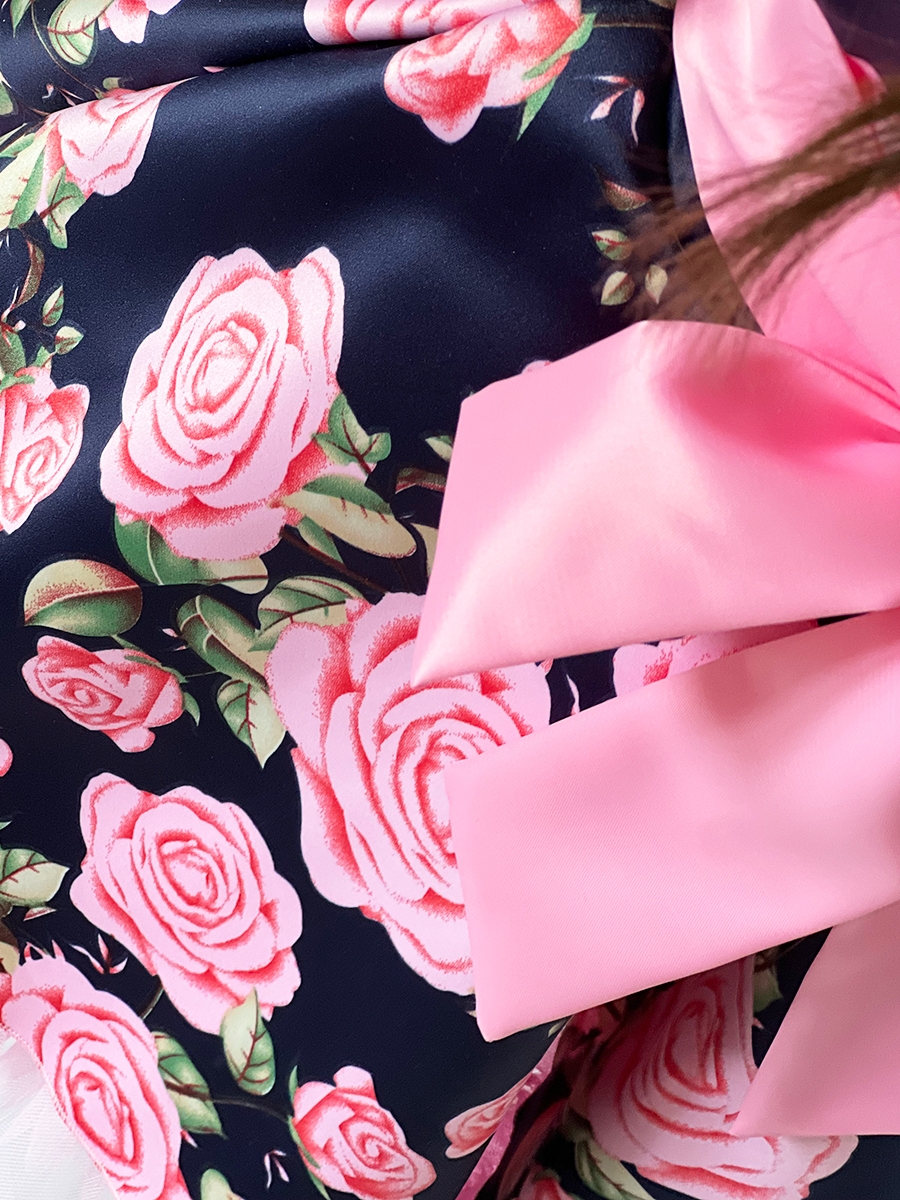 Платье для девочки нарядное БУШОН ST30, стиляги цвет темно-синий/розовый пояс розовый, принт цветы 