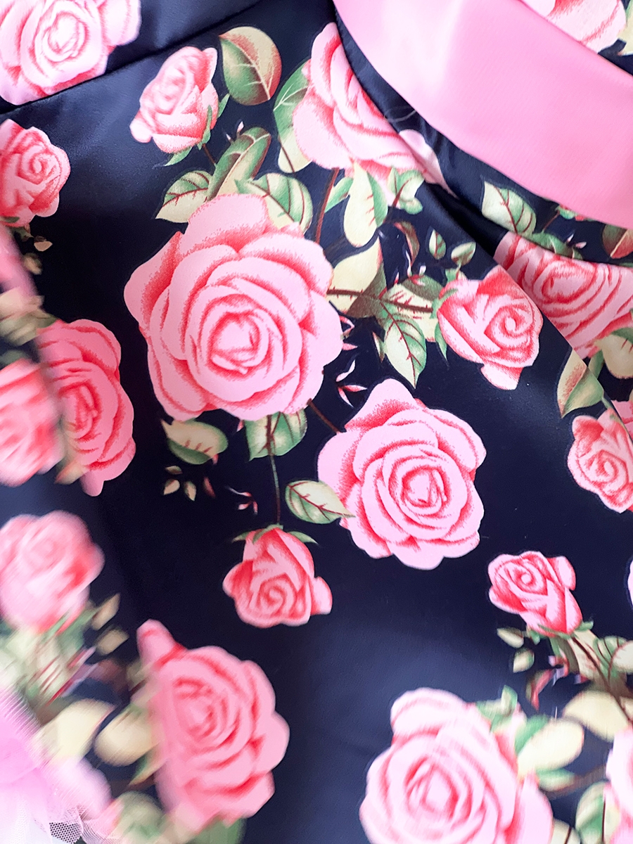 Платье для девочки нарядное БУШОН ST30, стиляги цвет темно-синий/розовый пояс розовый, принт цветы 