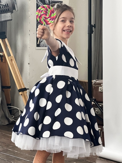 Платье для девочки нарядное БУШОН ST20, стиляги цвет темно-синий, принт белый горох