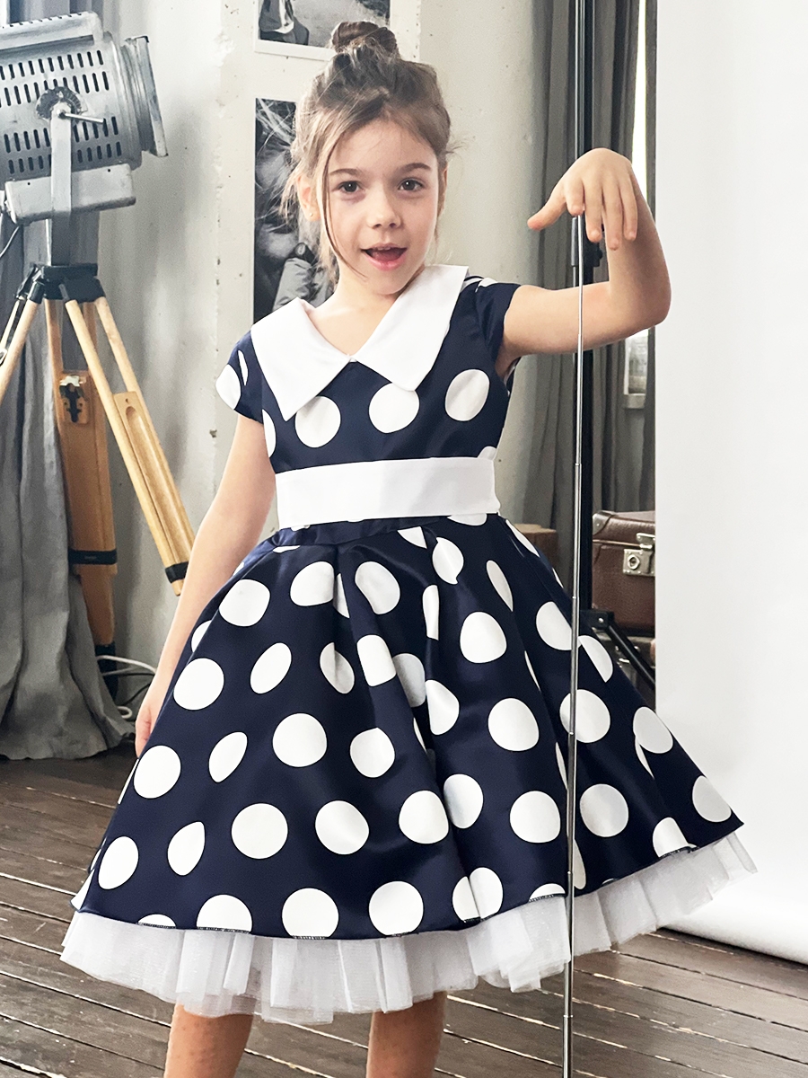 Платье для девочки нарядное БУШОН ST20, стиляги цвет темно-синий, принт белый горох 