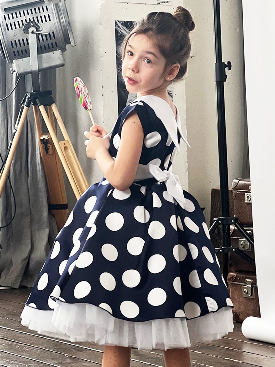 Платье для девочки нарядное БУШОН ST20, стиляги цвет темно-синий, принт белый горох 