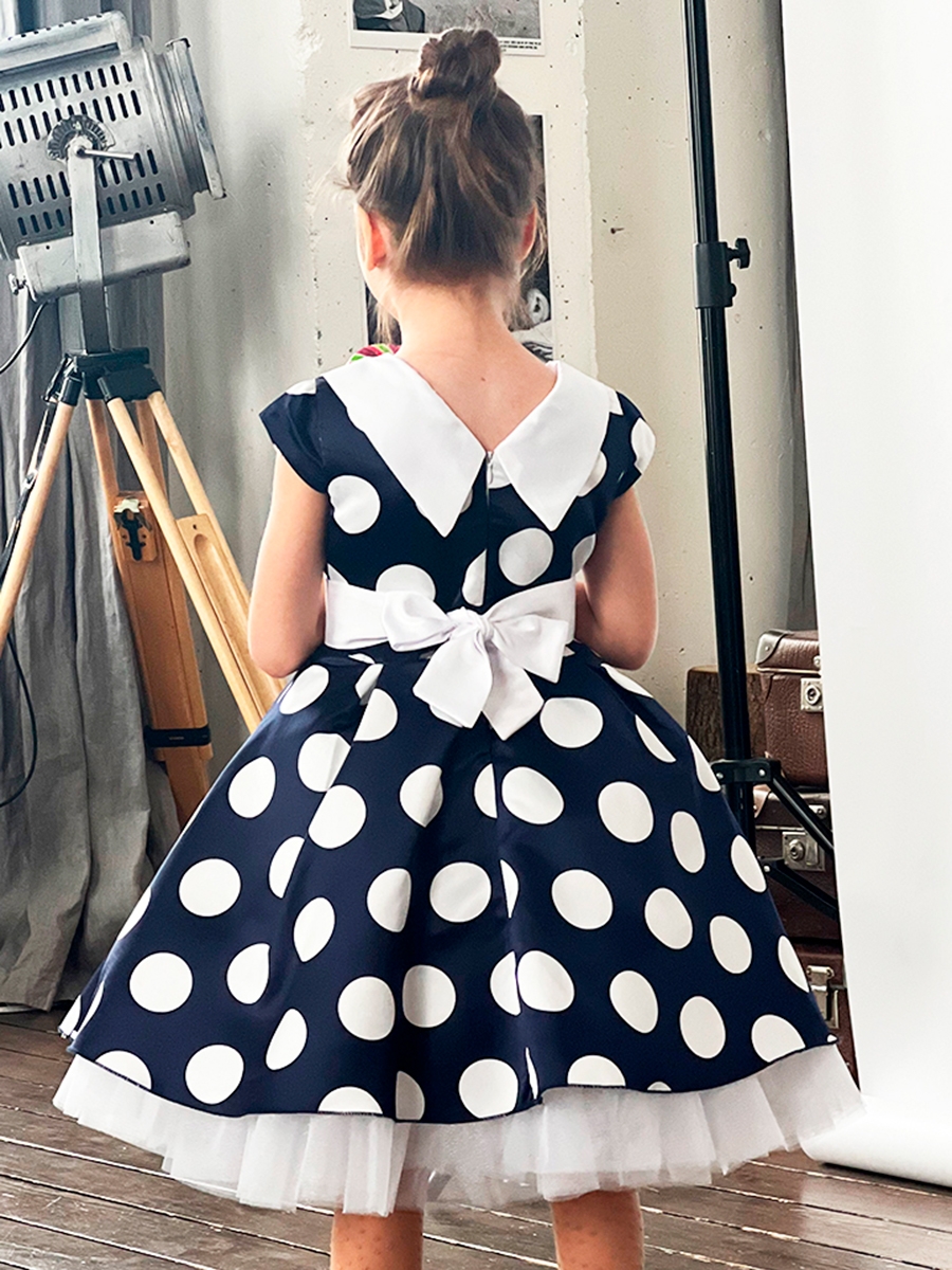 Платье для девочки нарядное БУШОН ST20, стиляги цвет темно-синий, принт белый горох 