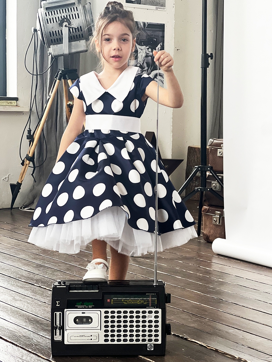 Платье для девочки нарядное БУШОН ST20, стиляги цвет темно-синий, принт белый горох 