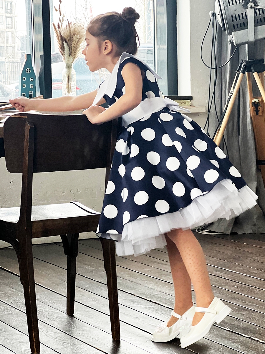 Платье для девочки нарядное БУШОН ST20, стиляги цвет темно-синий, принт белый горох 