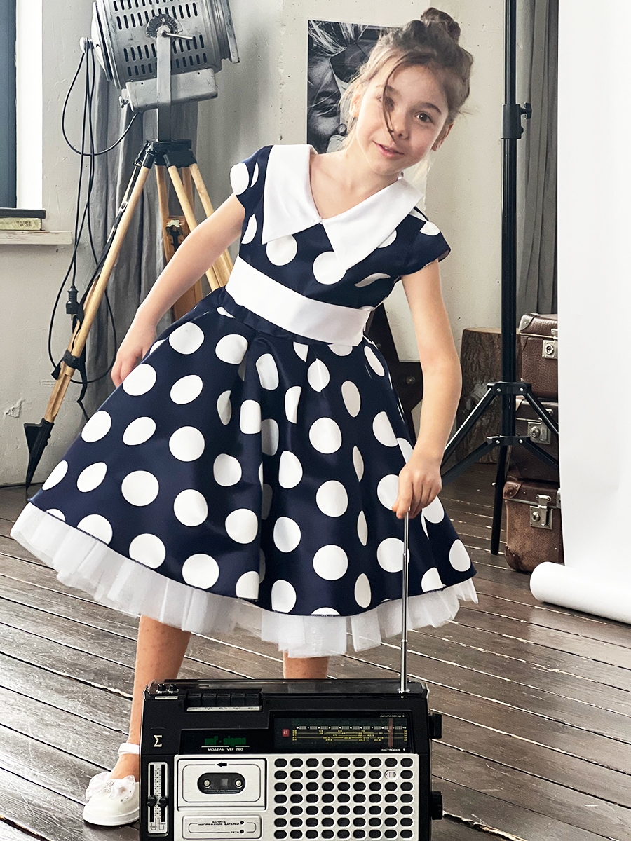 Платье для девочки нарядное БУШОН ST20, стиляги цвет темно-синий, принт белый горох 