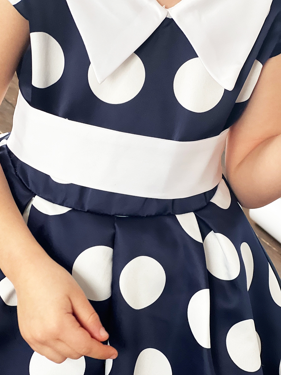 Платье для девочки нарядное БУШОН ST20, стиляги цвет темно-синий, принт белый горох 