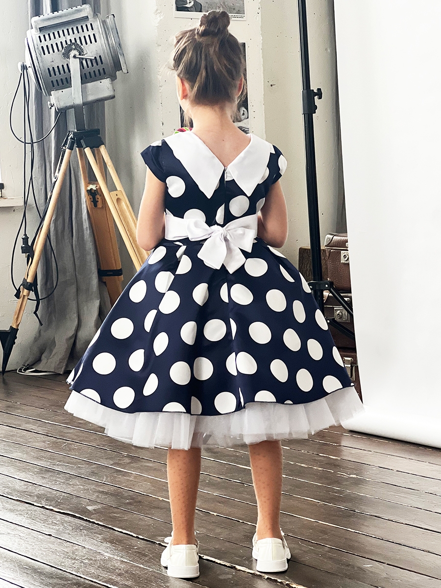 Платье для девочки нарядное БУШОН ST20, стиляги цвет темно-синий, принт белый горох 