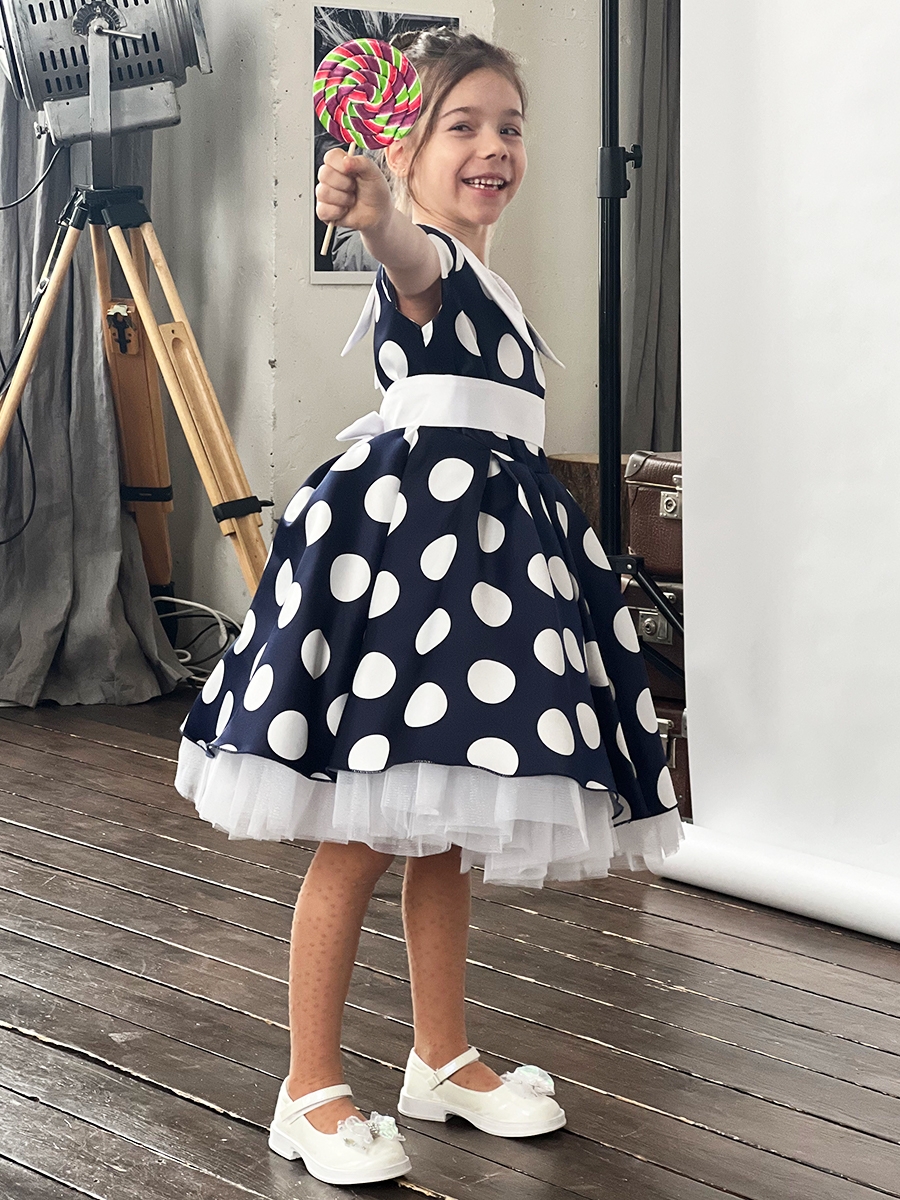 Платье для девочки нарядное БУШОН ST20, стиляги цвет темно-синий, принт белый горох 