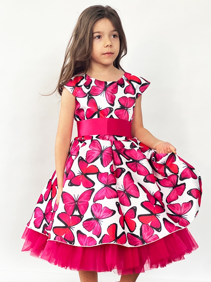 Платье для девочки нарядное БУШОН ST37, стиляги цвет малиновый/белый принт бабочки