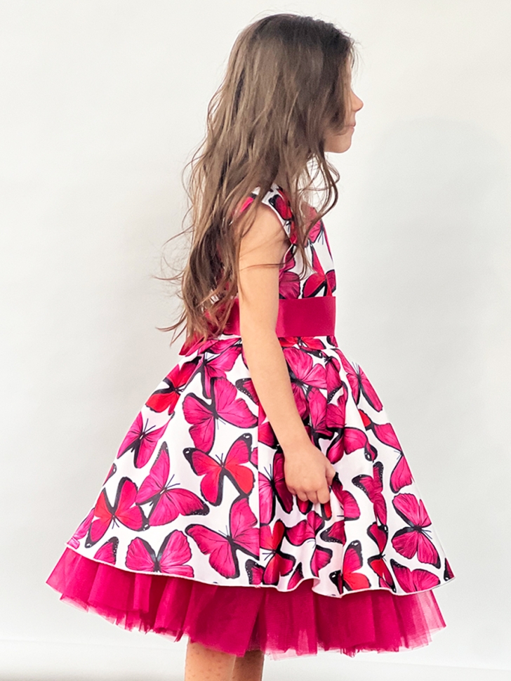 Платье для девочки нарядное БУШОН ST37, стиляги цвет малиновый/белый принт бабочки