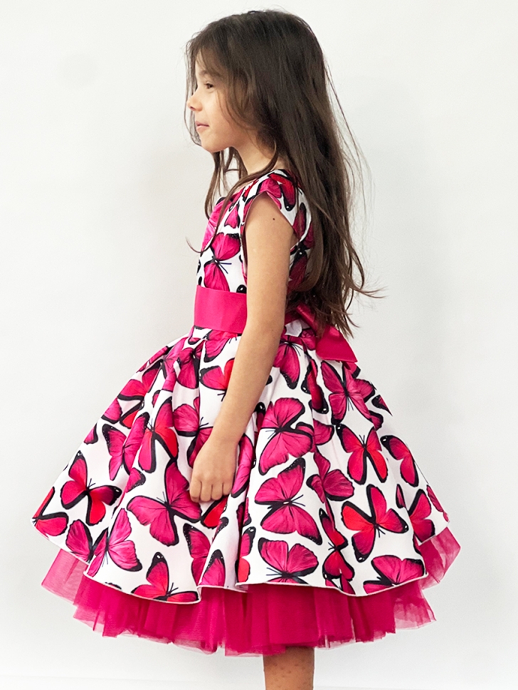 Платье для девочки нарядное БУШОН ST37, стиляги цвет малиновый/белый принт бабочки