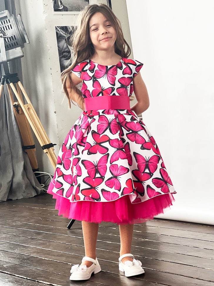 Платье для девочки нарядное БУШОН ST37, стиляги цвет малиновый/белый принт бабочки