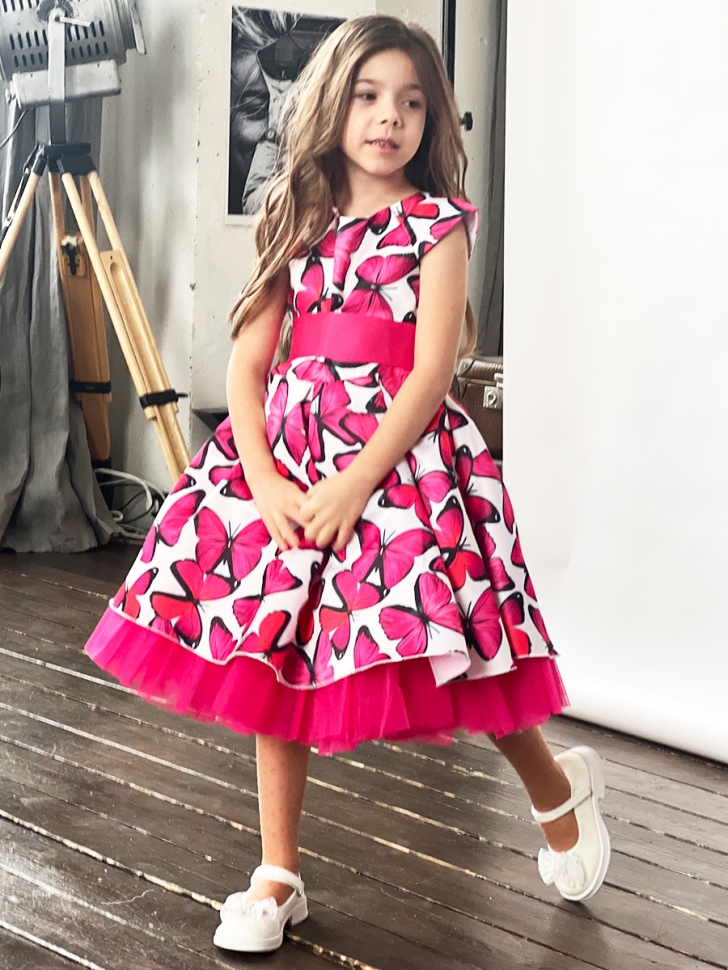 Платье для девочки нарядное БУШОН ST37, стиляги цвет малиновый/белый принт бабочки