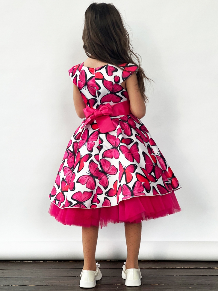 Платье для девочки нарядное БУШОН ST37, стиляги цвет малиновый/белый принт бабочки